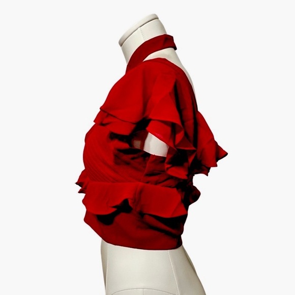 NASTY GAL Tango red deep v neck ruffled flutter sleeve criss cross halter crop - Picture 2 of 7